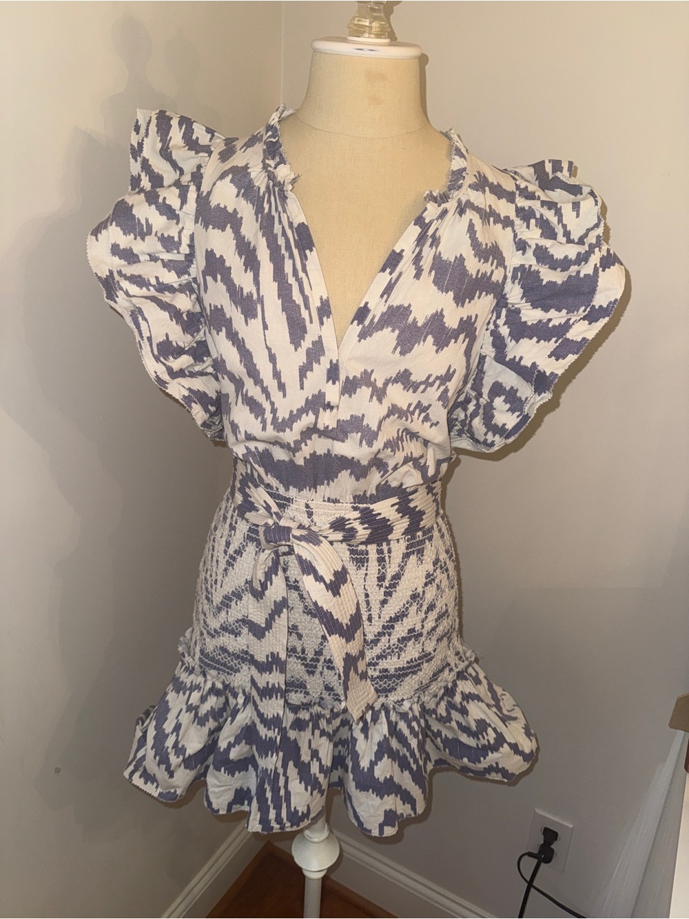 SAYLOR Blue and White Ikat Mini Wrap Dress